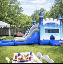Bounce House with Slide Rental - Blue and White Snow Flake Bounce House Slide & Pool Combo rental